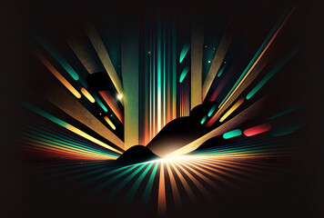 Beautiful, abstract light beams with a screen overlay over a dark background. Generative AI