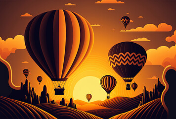 Gorgeous sunrise with hot air balloons. Generative AI
