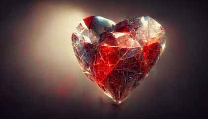 Red crystal heart glowing on dark background. Generative AI