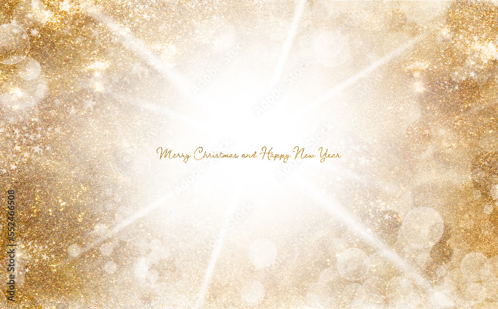 Wall mural golden christmas background with sparkling and twinkling bokeh. greeting card with shiny shimmering 