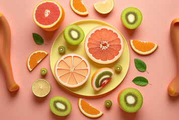 Sliced grapefruit, kiwi, and citrus fruits on a pink table in top view flat lay with a simple fruit backdrop. Generative AI - obrazy, fototapety, plakaty