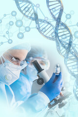 scientist holding vaccine bottle in hand in modern clinical laboratory with microscope