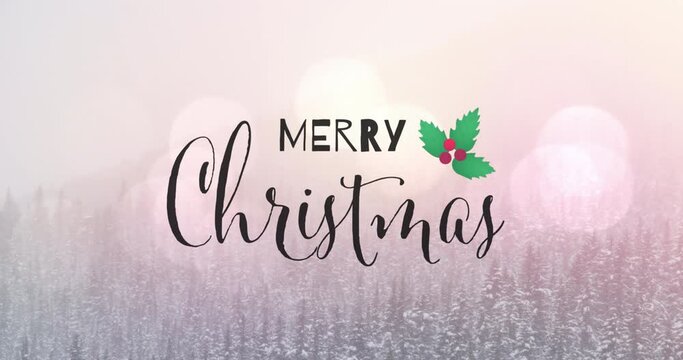 Merry christmas text banner and mistletoe icon against spots of light and winter landscape