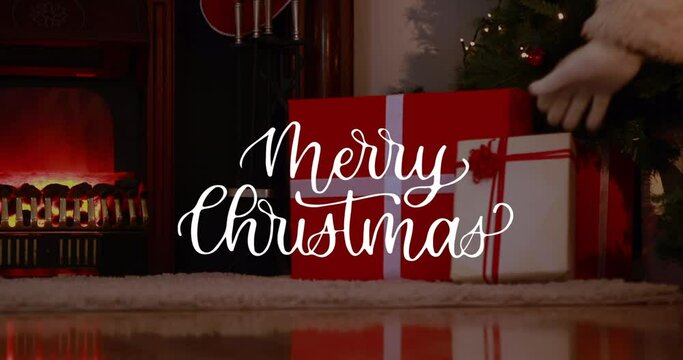 Animation of merry christmas text over christmas presents and fireplace