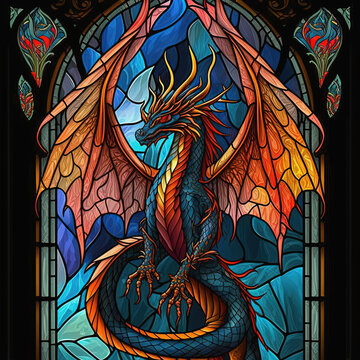 Stained glass window with colorful dragon. Generative AI. Not based on