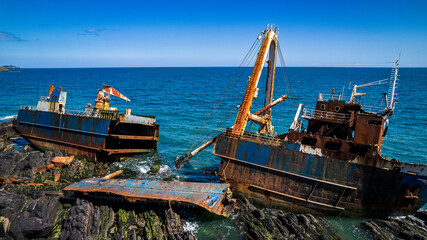 An abandoned shipwreck off the coast of Ireland near the town of Ballycotton.