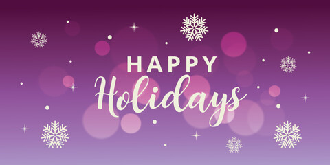 Happy holidays banner on festive christmas background with snowflakes design and bokeh lights for greeting card.