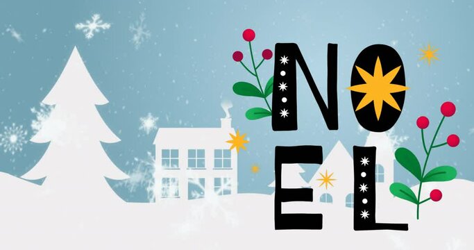 Animation of noel text with winter scenery at christmas