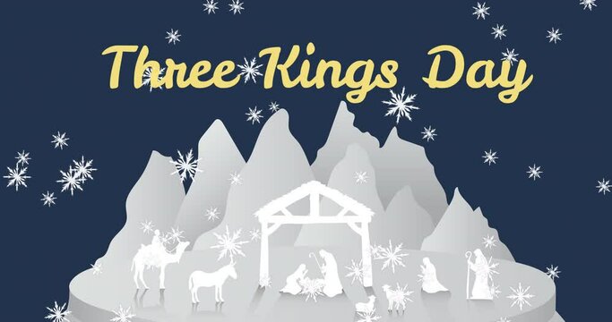 Animation of three kings day over falling snow and nativity scene