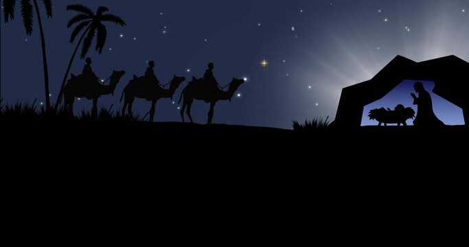 Animation of silhouettes of kings with camels silhouettes and nativity scene