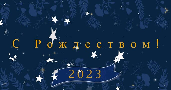 Animation of christmas greetings in russian and 2023 over snow falling