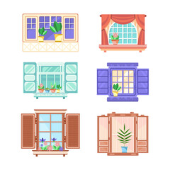Hinged or Sash Window with Shutters and Flower Pot Rested on Sill Vector Set