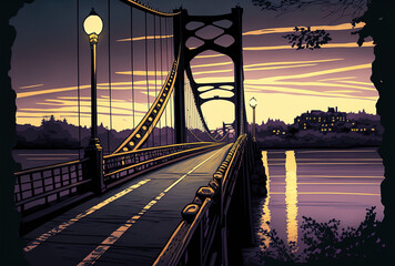 Stunning vertical photograph of a bridge at dusk. Generative AI