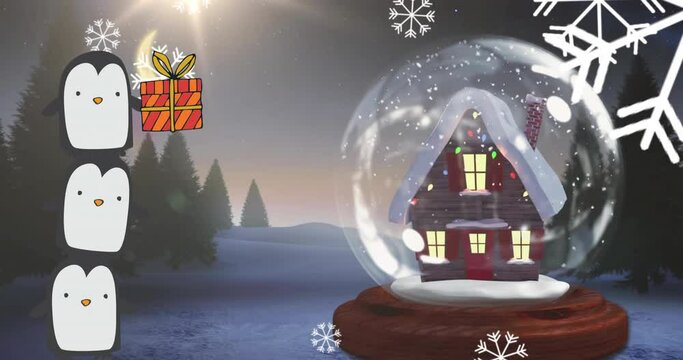 Animation of tower of three penguins holding christmas gift over snowflakes and house in snow globe