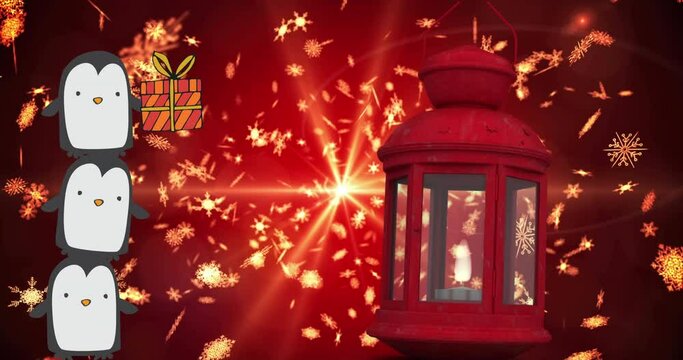 Animation of christmas lamp and penguins over fireworks