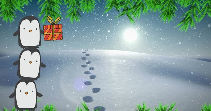 Animation of tower of three penguins with christmas gift over snow and footprints in snow landscape