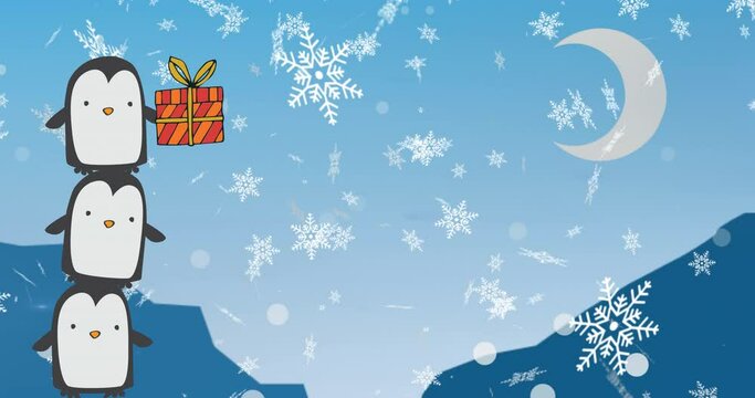 Animation of tower of three penguins holding christmas gift over snowflakes and crescent moon