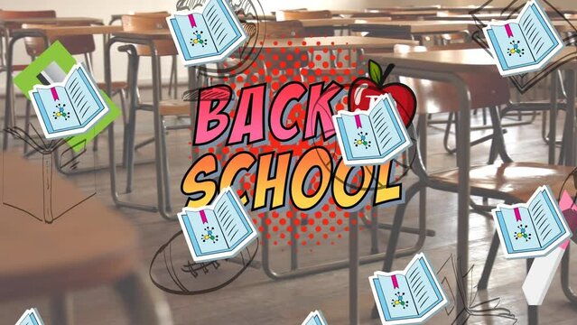 Animation of back to school text over classroom
