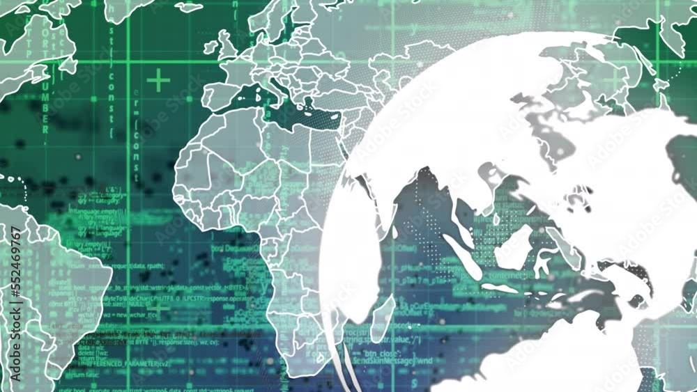 Poster animation of data processing over globe and world map on black background