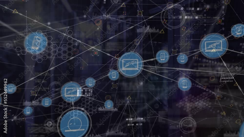 Poster animation of network of connections with icons and data processing over server room