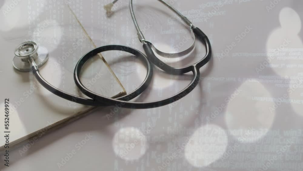 Poster animation of light spots and data processing over stethoscope and notebook on white background