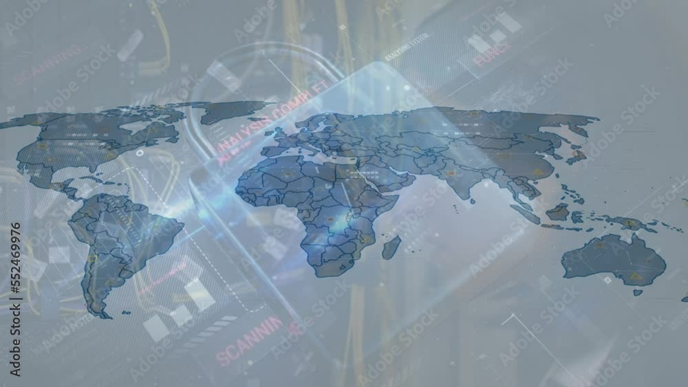 Poster animation of data processing with world map and padlock over server room