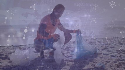Animation of data processing and molecules over african american man cleaning beach - Powered by Adobe