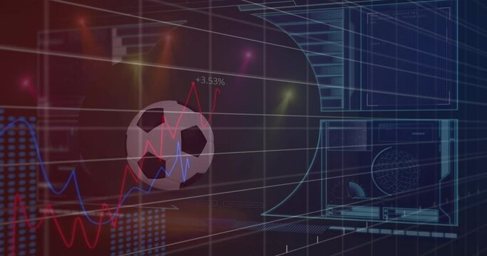 Animation ofdata processing over football on black background