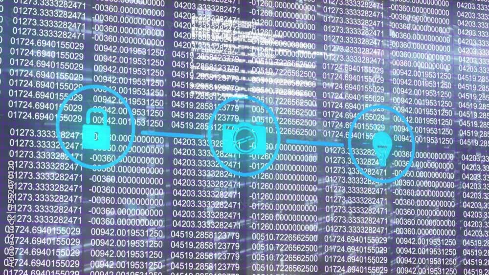 Poster animation of network of connections with icons over data processing on black background