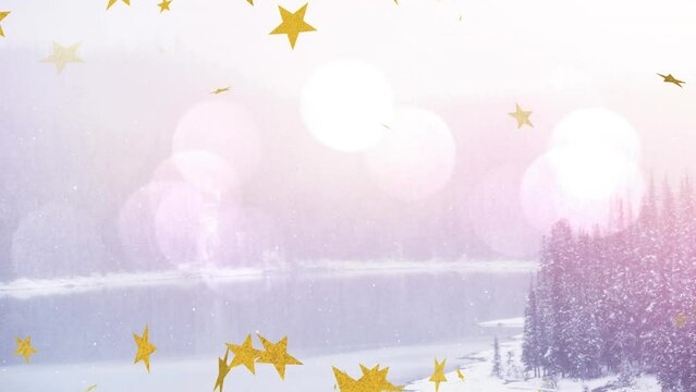 Animation of yellow stars falling over scenic view of calm lake in pine woodland against lens flare