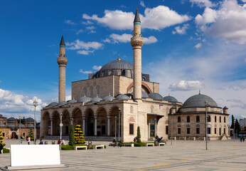 External view of Selimiye Mosque with Konya sign. Konya Province, Turkey.