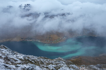 Skjellfjord below snow dusted mountains, Lofoten Islands, Norway
