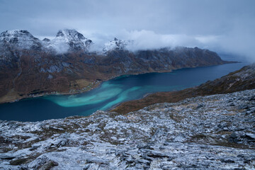 Skjellfjord below snow dusted mountains, Lofoten Islands, Norway