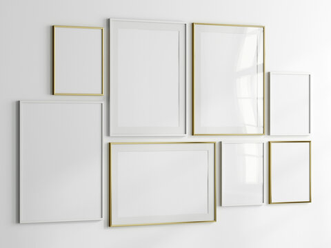 Gallery wall mockup, gold and white frames on the wall, minimalist frame mockup, 3d render