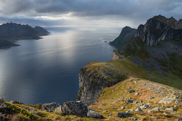 Fototapeta na wymiar View north over Mefjorden from Hesten mountain peak, Senja, Norway