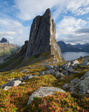 Iconic Segla mountain peak rises over autumn landscape, Senja, Norway