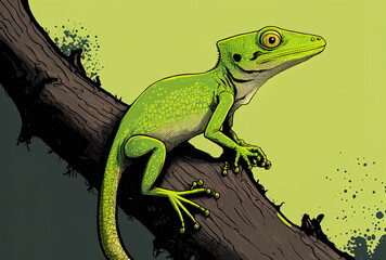 Fototapeta premium A green anole with a black space is perched on a tree limb. Generative AI