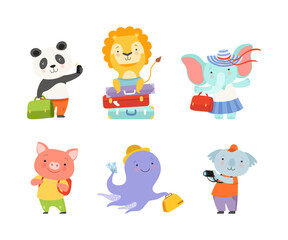Fototapeta premium Cute Animals Tourist or Travellers with Trunk, Camera and Backpack Hiking Vector Set
