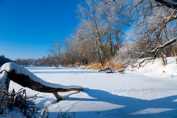 Photo the snow-covered river did not freeze in winter.The river flows in winter. Snow on the branches of trees. Reflection of snow in the river. Huge snowdrifts lie on the Bank of the stream.