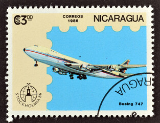 Cancelled postage stamp printed by Nicaragua, that shows Airplane Boeing-747, circa 1977.