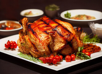 Roasted turkey on the grill, partially sliced in a plate with vegetables on the sides on the...