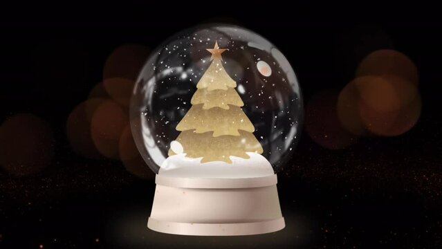 Animation of snowball globe with christmas tree over christmas lights