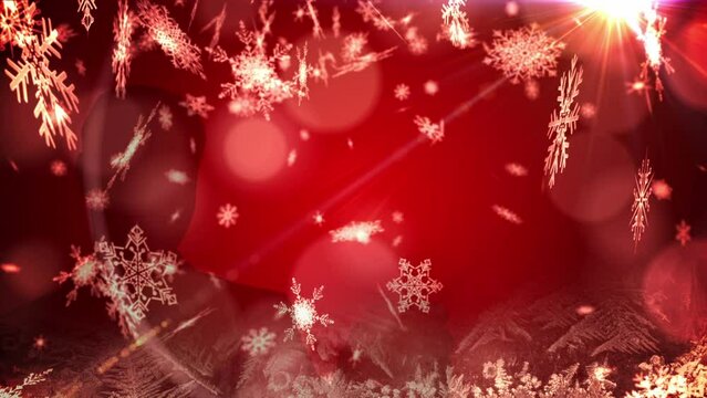 Animation of snow falling and light spots at christmas on red background