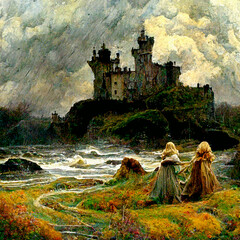 Two Sisters in a Stormy Irish Landscape Fairy Tale 