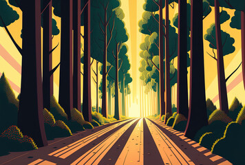 A road in a forest with trees around it in a vertical view is lit by the sun. Generative AI