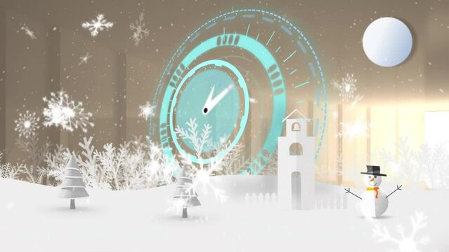 Animation of clock moving over snowflakes falling in winter landscape