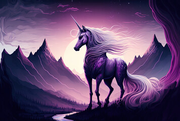 Fantasy unicorn in a mountainous setting against a deep purple sky. Generative AI