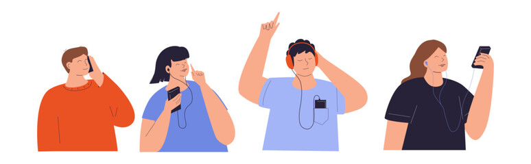 Young People use Smartphones, Chatting, making Selfie and listening Music. Happy Boys and Girls talking and typing on Phone. Female and Male Characters collection.