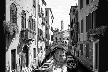 Vertical grayscale image of an Italian canal with boats and historic structures. Generative AI