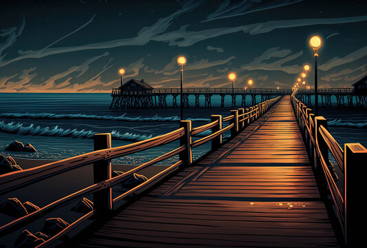 Evening long exposure of a wooden pier in the Californian sea. Generative AI